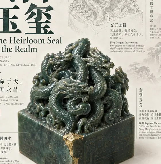 传国玺器物主图版 · 墨绿玉交五龙纽 · 金镶玉角